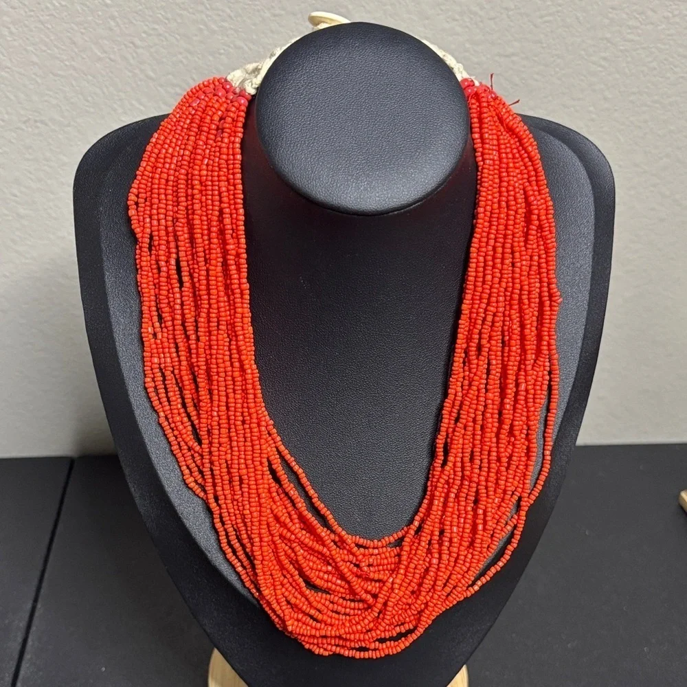 Handcrafted Crochet Coral Seed Bead Red Orange Beaded Necklace Boho